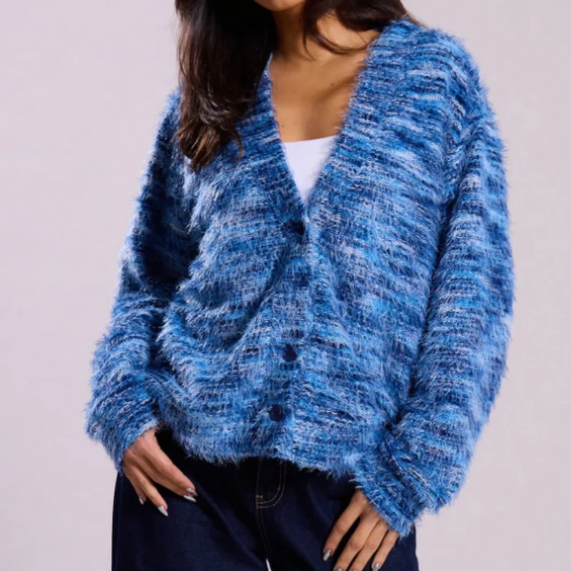 Knitted Cardigan Soft Fuzzy Texture Drop Shoulder Long Sleeve Slim Fit For Casual Party Outdoor Wear