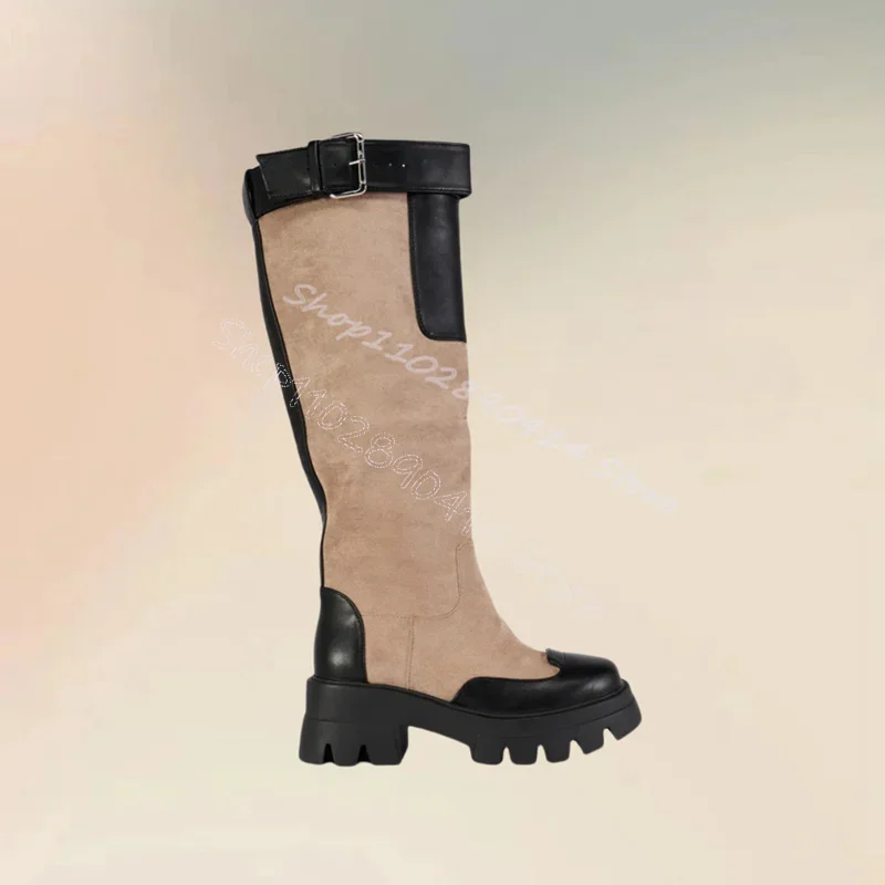 

Beige Black Patchwork Wave Pattern Bottom Boots Side Zipper Women Shoes Chunky Heels Party Feast Runway 2024 Zapatos Para Mujere