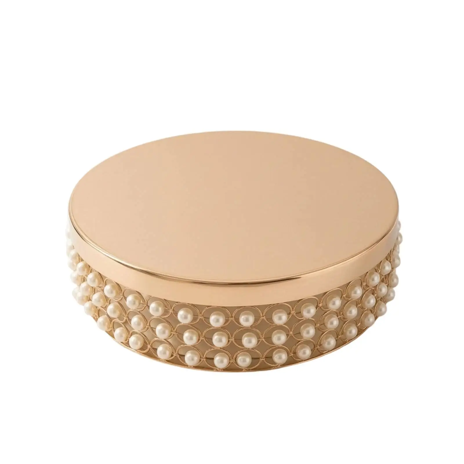 Beaded Cake Stand with Pearl Beads | Electroplated Gold Finish, Decorative Openwork Side Band, Metal Cake Tray, for Weddings
