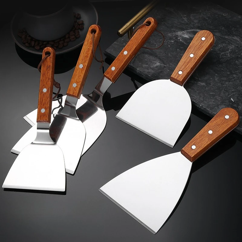 Espátula de cocina con mango de madera de acero inoxidable, pala para freír panqueques y carne, raspador Teppanyaki, herramienta para barbacoa, accesorios de cocina