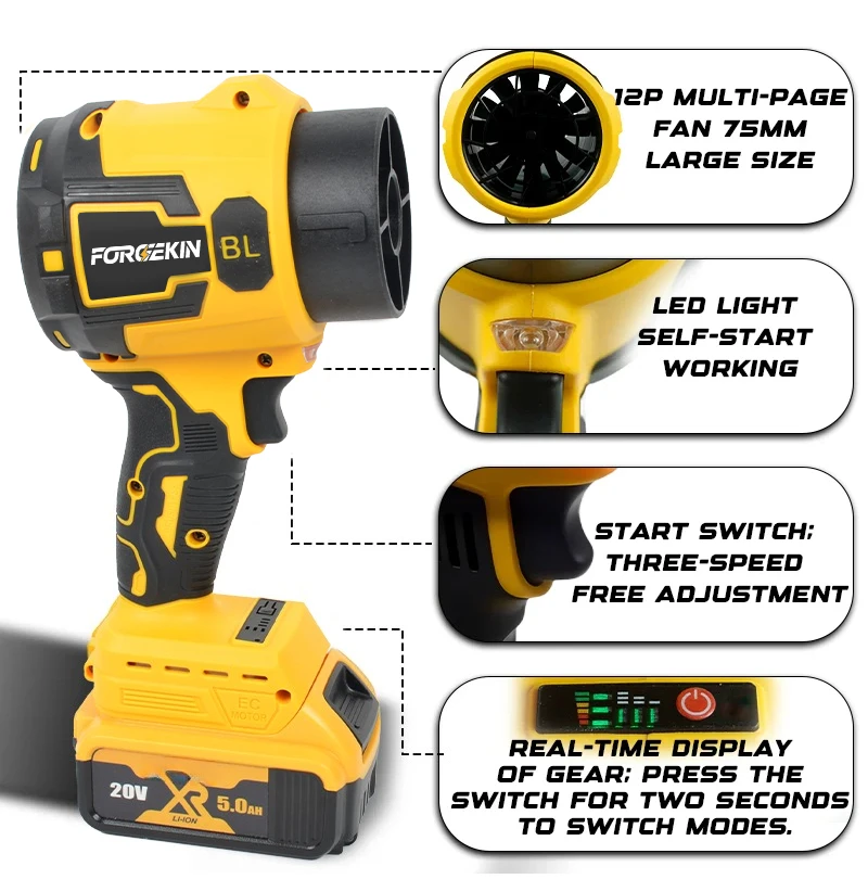 FORGEKIN Bürstenloser Elektrischer Turbolüfter, Langrohr-Gebläse, Handgehaltener Laubbläser, Schneewerkzeug für Dewalt 20V Akku – Detail 1