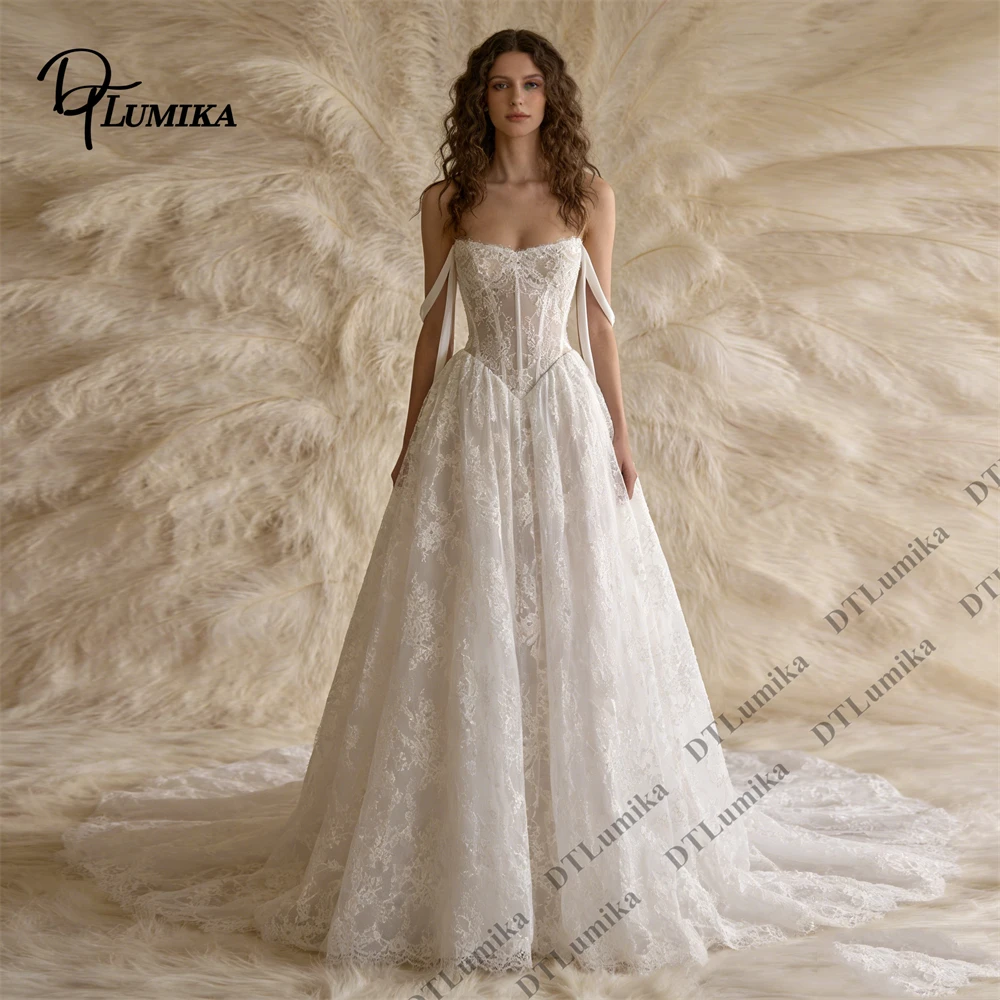 

DTLumika Classic Lace Wedding Dresses for Women 2026 Off the Shoulder Lace Corset Bride Dress A Line Bridal Gown Court Train