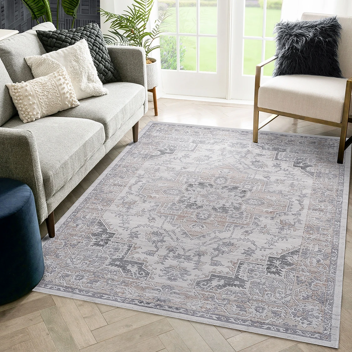 Vintage Oriental Medallion Area Rug, Non-Slip Traditional Floral Carpet for Living Room Bedroom, Washable Indoor Floor Mat for