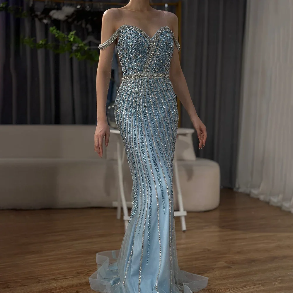 SERENE HILL Customized 2025 Blue Prom Mermaid Gown Beaded Luxury Saudi Evening Dress for Formal Occasion CLA72715A