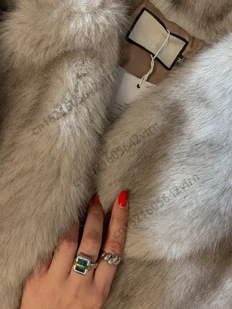 Luxury Brand Furry Gradient Faux Fur Coat Women 2024 Winter Lapel Collar Jacket Loose Oversized Midi Fluffy Outerwear Overcoat