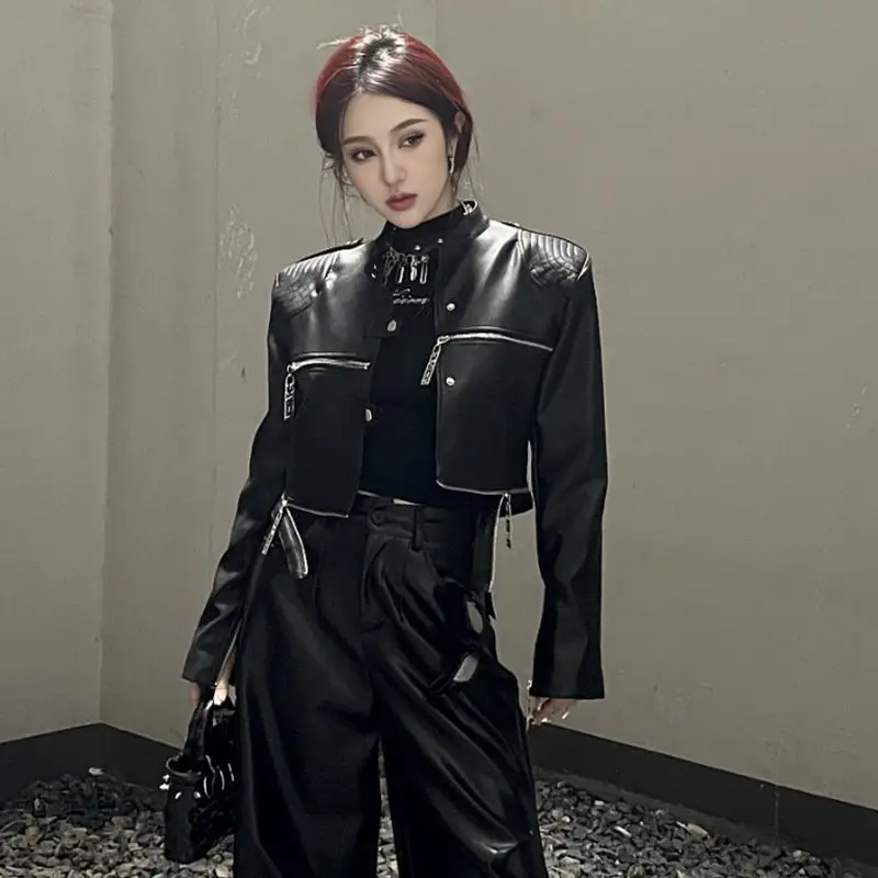 Vintage Multi-Zipper Design Spiderweb Leather Jacket for Women Spring Autumn PU Leather Coats Streetwear Cropped Top Long Sleeve