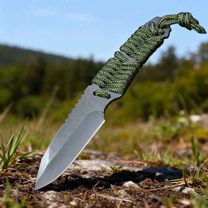 Straight Blade 8Cr13MoV Knife Body With Nylon Cord Handle, Practical EDC Hunting And Camping Multi-Functional Knife