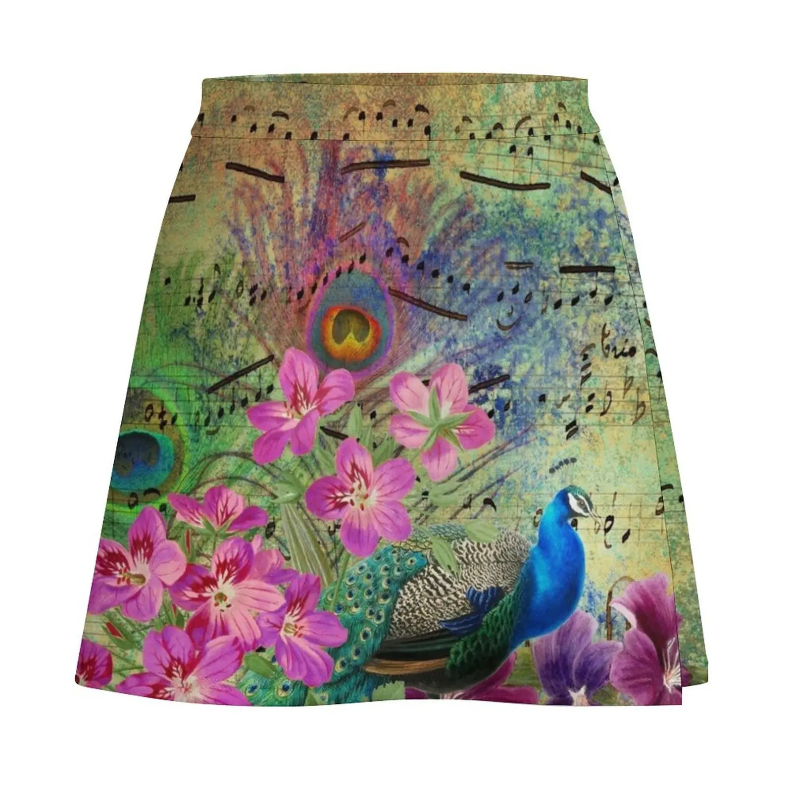 Peacock Alterted Textures Pattern with Music Notes Musical Written Letters Mini Skirt Clothing mini skirts