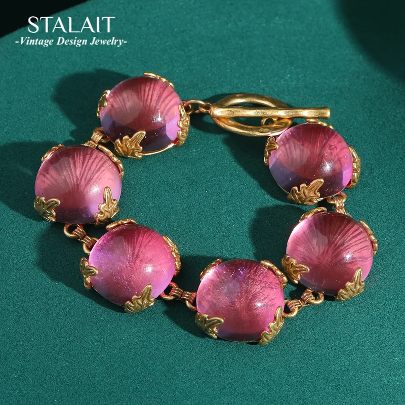 

Vintage Round Pink Cat Eye Bracelets For Women Red Glass Transparent Candy Charm Gold Color Leaf Antique Jewelry New Arrival