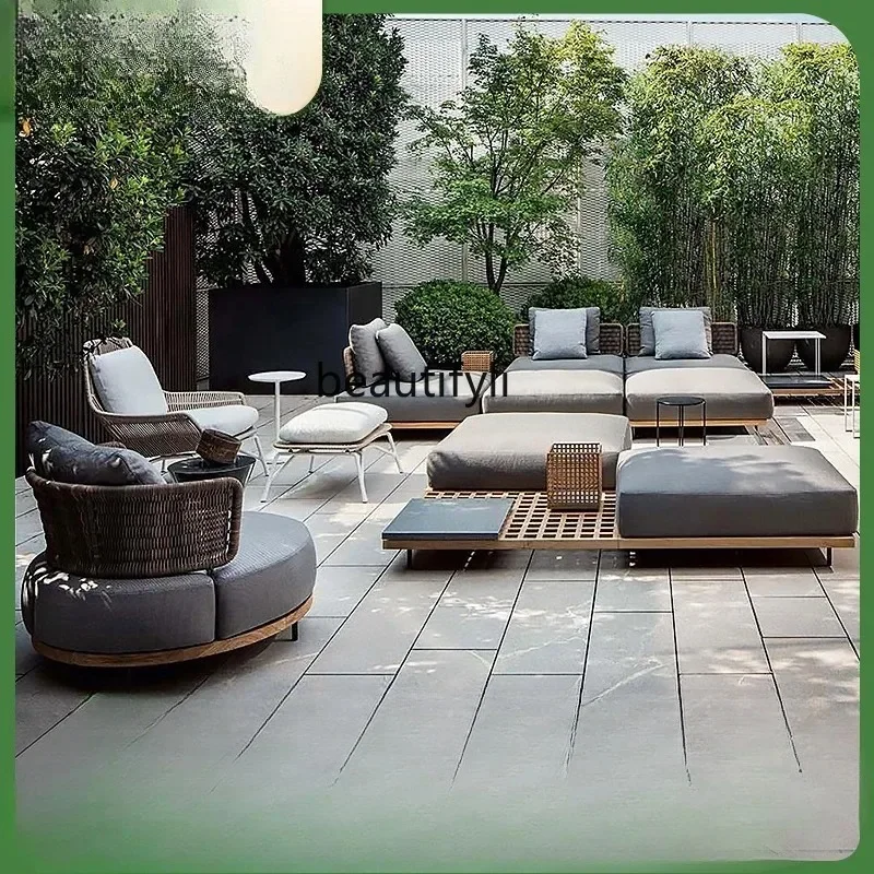 Outdoor Rattan Sofa Set Courtyard Open-Air Rattan Chair Outdoor Garden Waterproof Rattan Outdoor Furniture K185