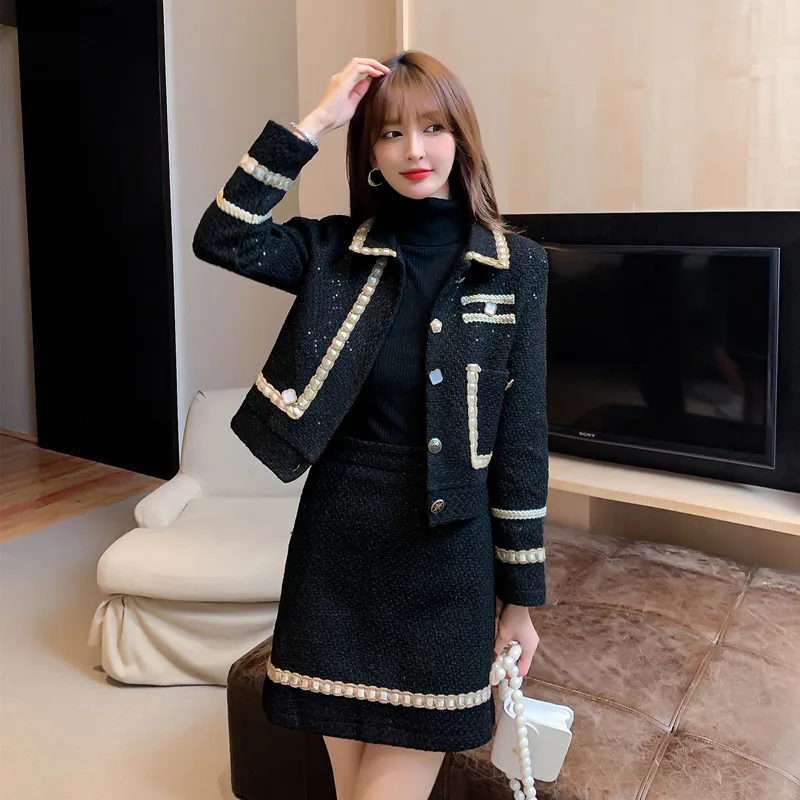 Elegante conjunto de 2 peças saia feminina, lapela casaco pequeno, jaquetas, mini-saia, casual feminina Office, moda coreana, primavera, outono