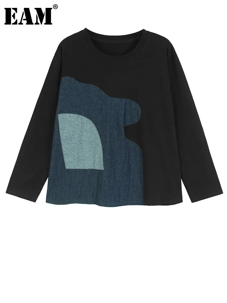 [EAM] t-shirt da donna in Denim nero irregolare Color block di grandi dimensioni nuovo girocollo manica lunga moda primavera autunno 2024 1 dh6793