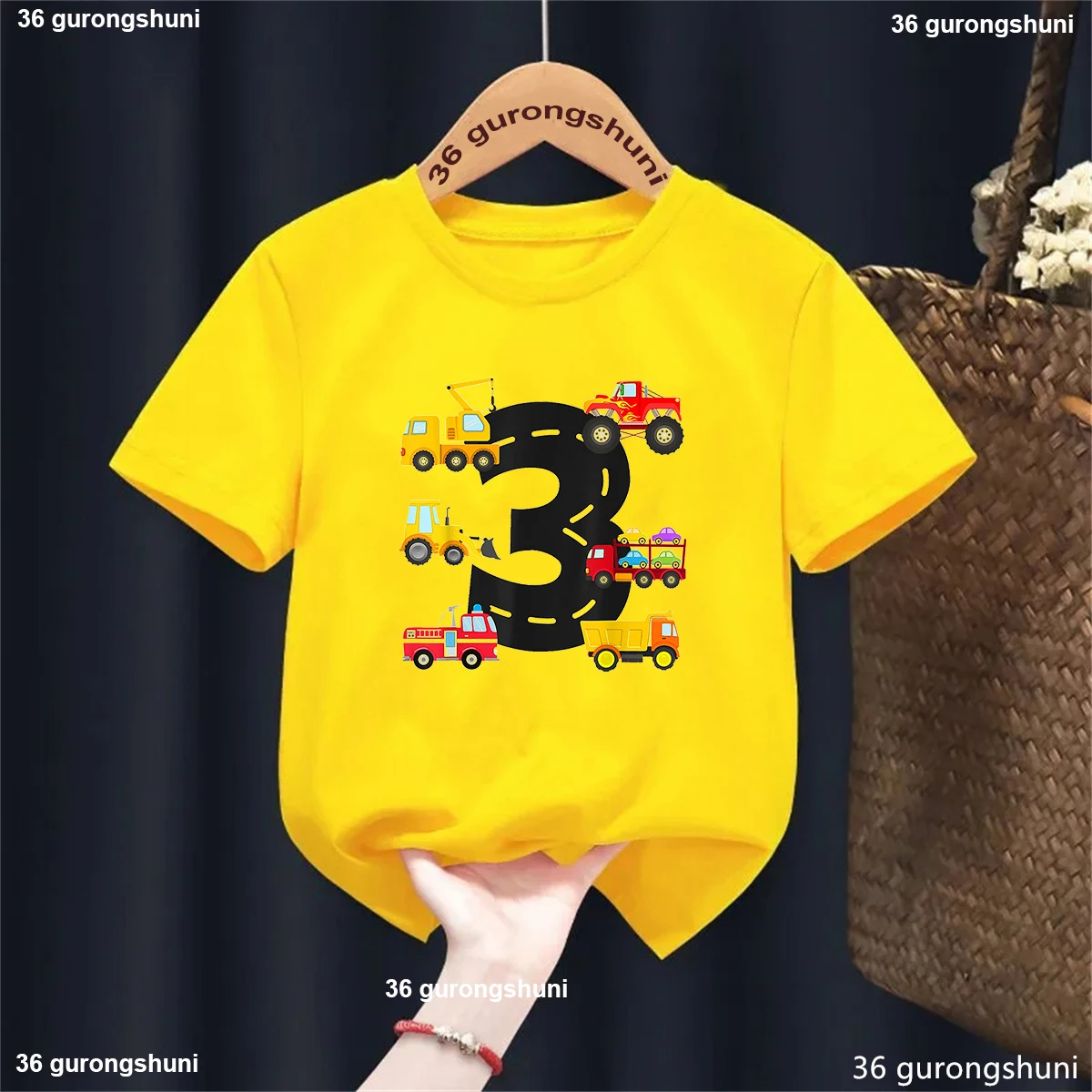 Kids Clothes  3th Birthday Gift For Girls/Boys Tshirt Digging Machine Tractor Car Print T Shirt White /Blue/Yellow/Gray T-Shirt