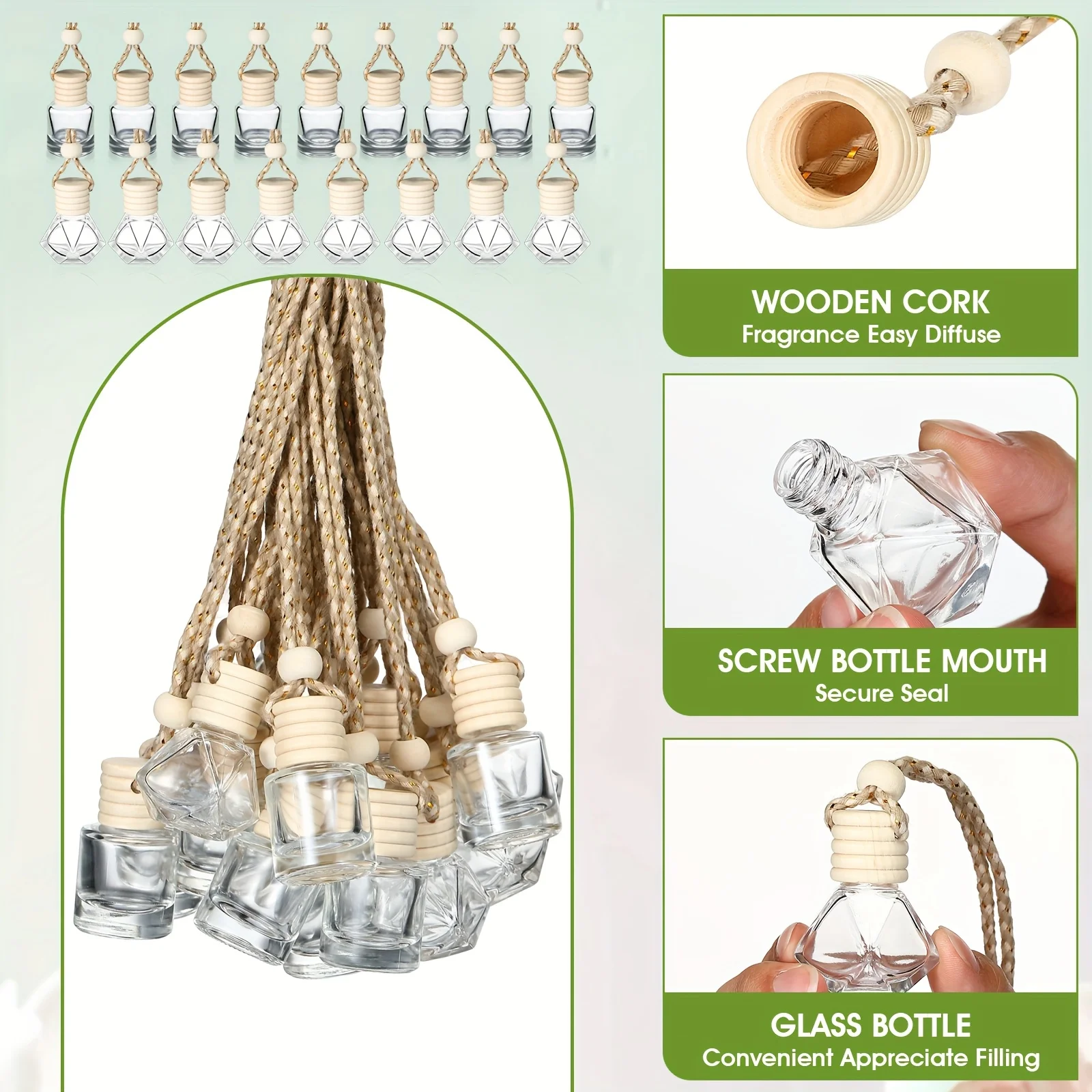 20 Stück Auto-Parfümflaschen, nachfüllbare Flaschen für ätherische Öle, Lufterfrischer, leere transparente Glas-Aromatherapie-Anhänger – Detail 3