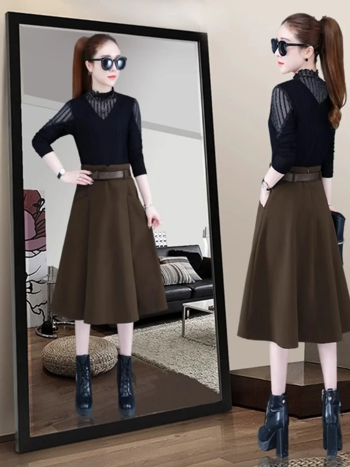 

Модная юбка-миди трапециевидной формы, женская шерстяная юбка f-длины, весна-осень 2023, новинка 202, широкая юбка-зонтик с высокой талией и широким подолом...