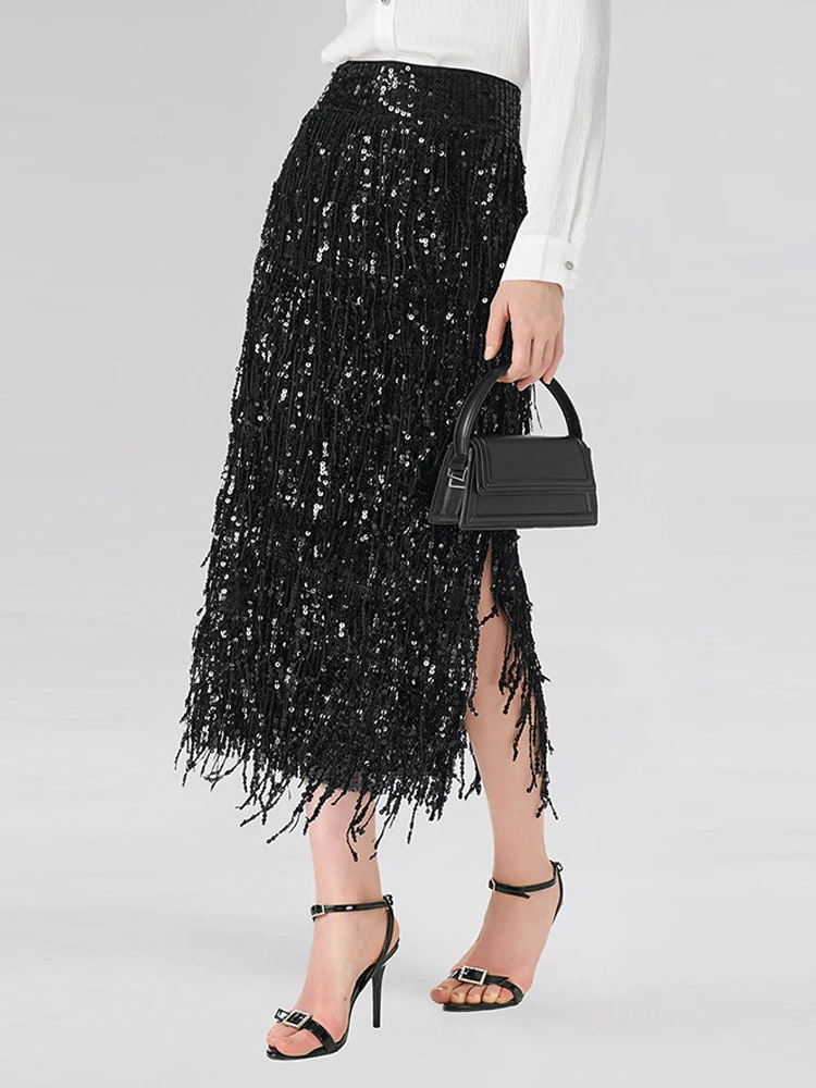 2026 Modischer Fransen-Pailletten-Slim-Fit-Maxirock für Damen – Eleganter, hochtaillierter, einfarbiger Partyrock mit sexy Seitenschlitz