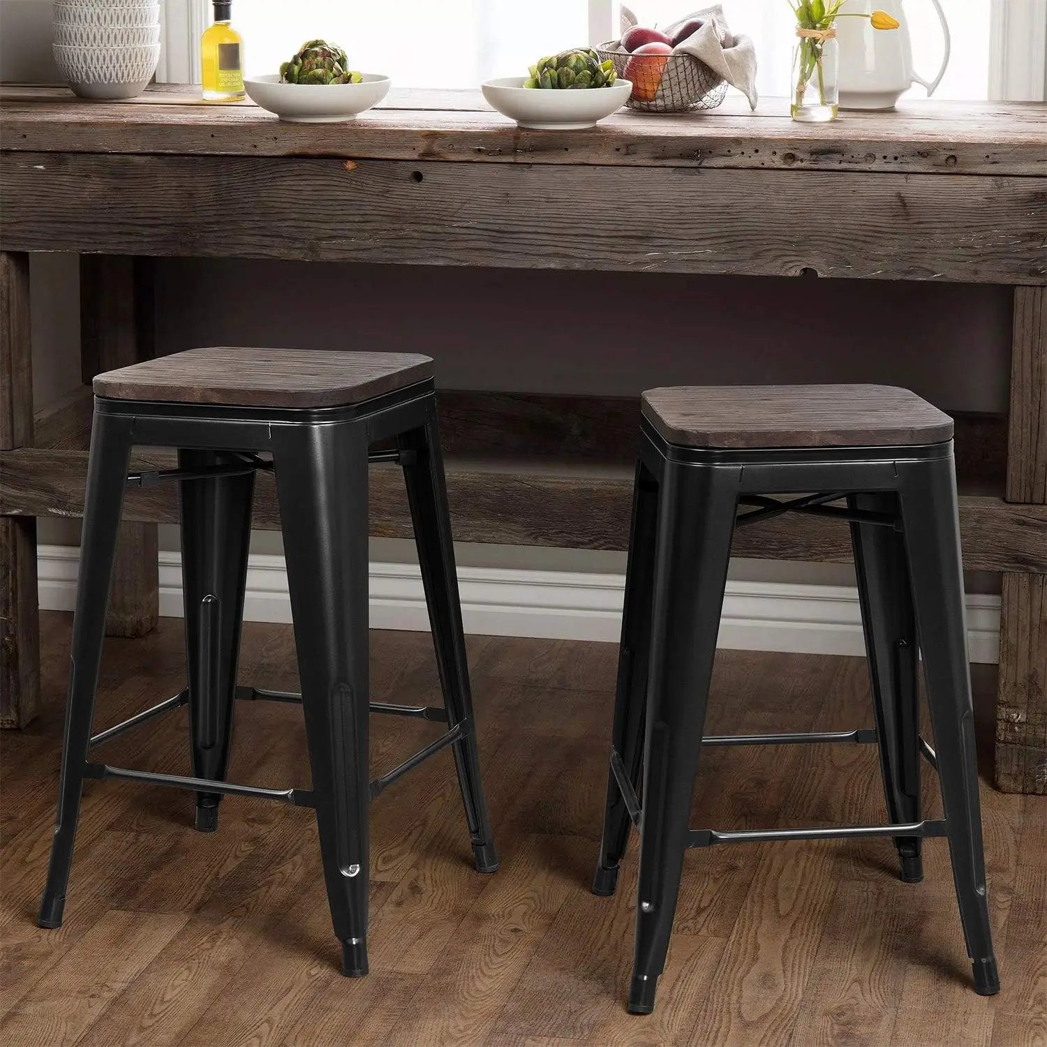 Comfort Corner Bar Stools Indoor Outdoor Stackable 24 Inches Metal Counter Height Industrial Barstools with Wooden Seat Set of 4