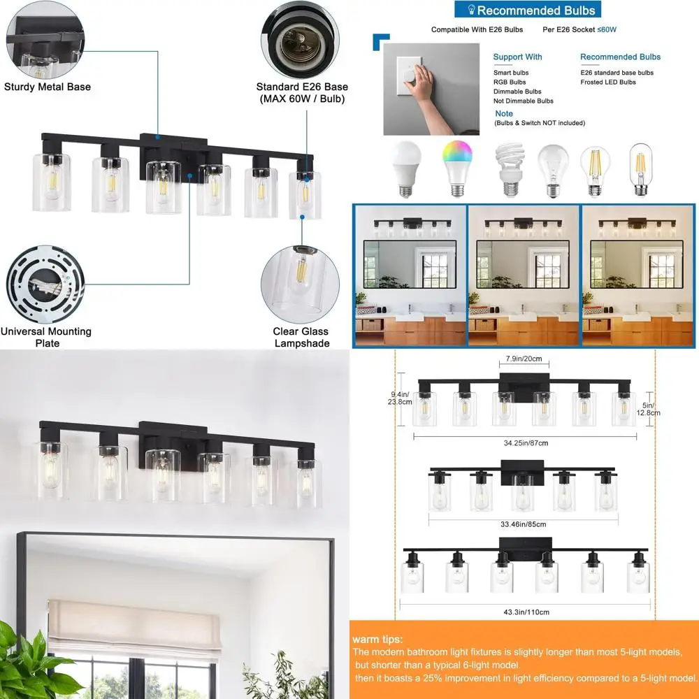 6-Light Clear Glass Shade Vanity Light Fixture باللون الأسود غير اللامع لمرايا الحمام الكبيرة والشمعدانات الجدارية