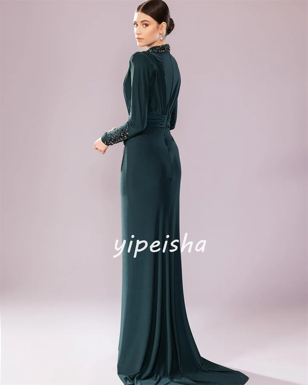 Customized Fashion Formal Chiffon Beading Sequined Pleat Draped A-line High Neck Long Dresses Evening Dresses Modern Style