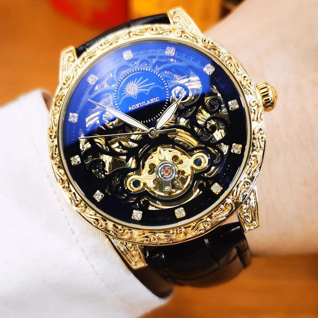 

AOKULASIC Tourbillon Skeleton автоматические механические часы для мужчин светящиеся стрелки с гравировкой корпуса кожаный ремешок ретро мужские часы