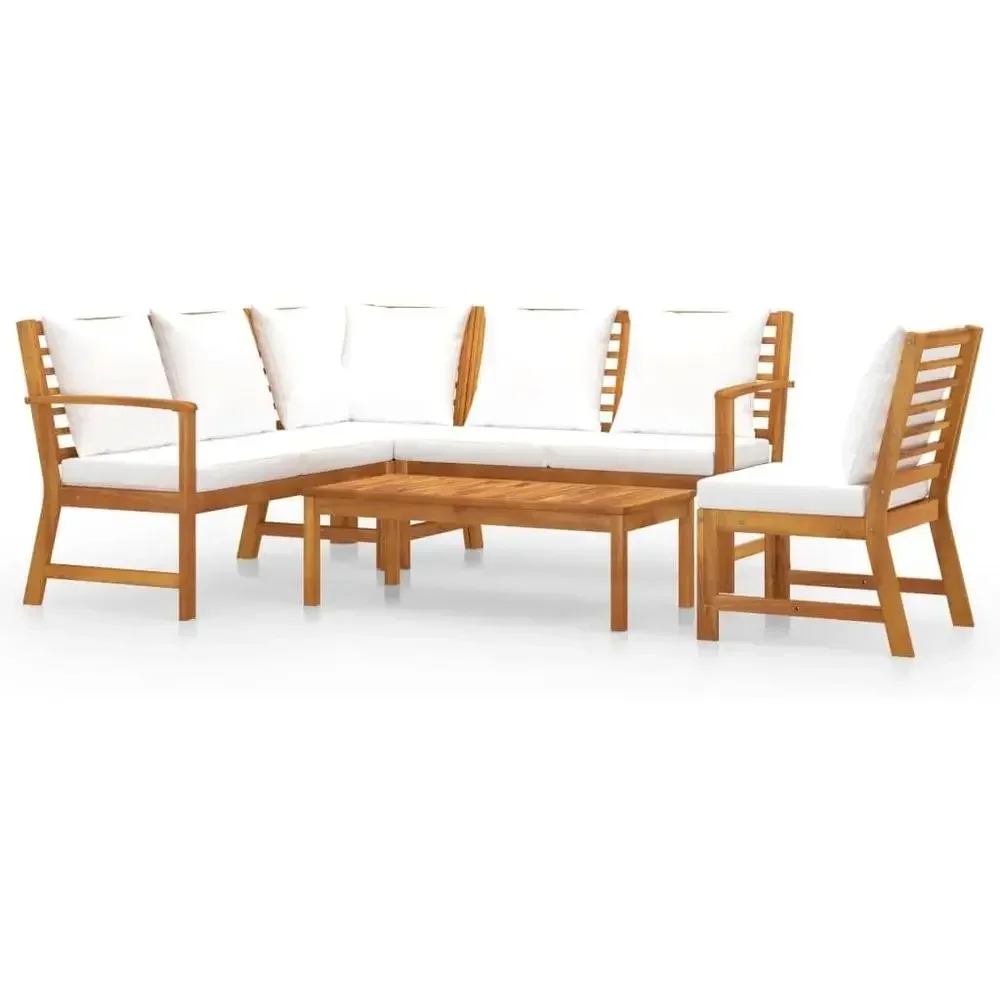 5-Piece Outdoor Sectional Sofa Set with Cushions, Cream Acacia Wood, Modern Style