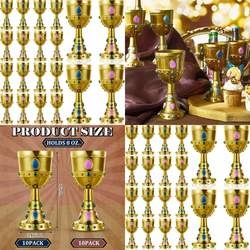 

8 oz Gold-Tone Medieval Crown Goblets with Jewels, Set of 20, Plastic Vintage Cups for Royalty Themed Parties and Carnivals