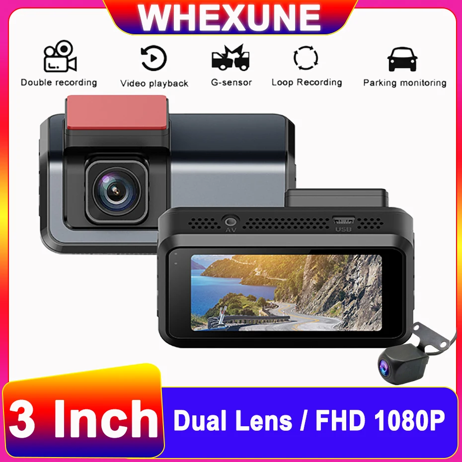 

WHEXUNE Dual Lens Dash Cam Mini Car DVR Parking Monitor Loop Recording 3 Inch Video Record G-sensor Hd 1080P Night Vision Camera