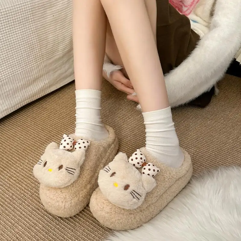 أنيمي لطيف Kt القط القوس مخطط المخملية المرأة نعال من القطن 2025 الخريف والشتاء الكرتون Kawaii المنزل الدافئة أحذية منزلية غير رسمية #1