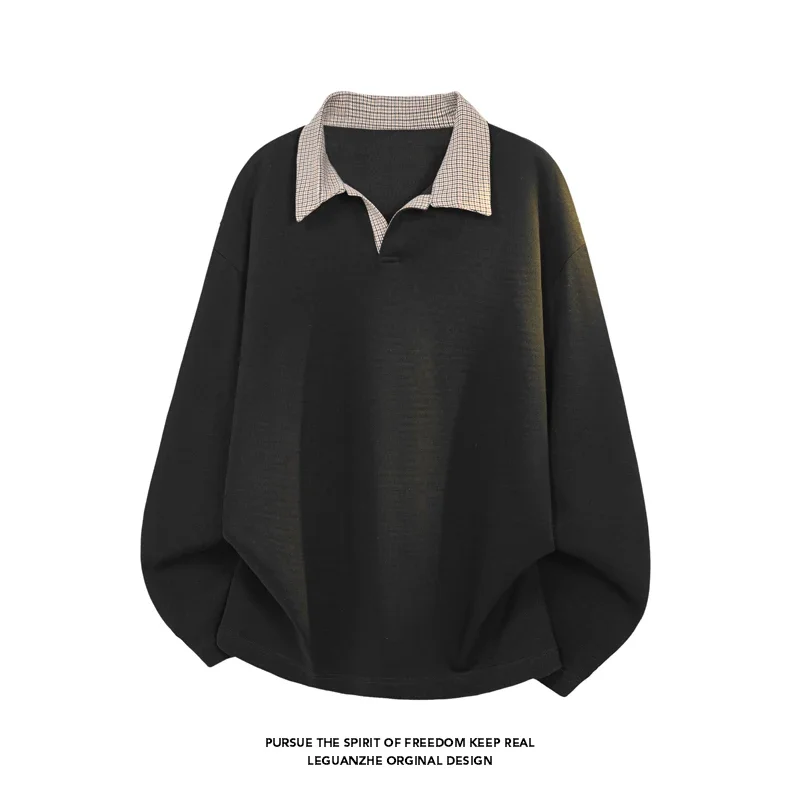Male Autumn Spliced Plaid Collar Long Sleeve Polo Shirt Soft Knit Cloth Relaxed Silhouette For Outdoor Travel Matching