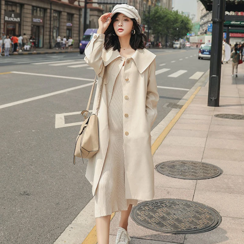 Peter Pan Collar Trench Women Windproof Coats Temper Elegant Vintage Aesthetics Пальто Minimalist Lace Up Clothing British Chic