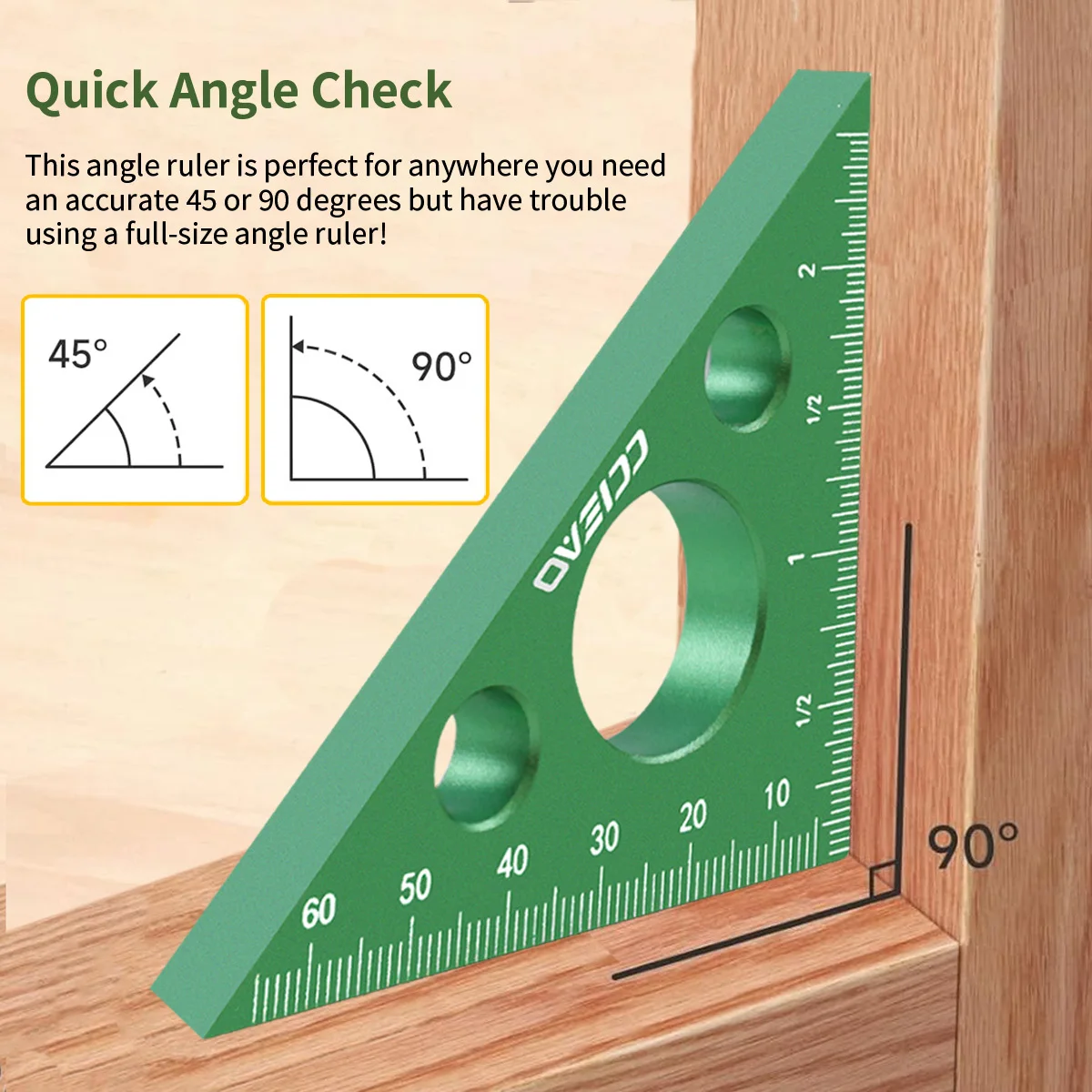 Regla triangular de aleación de aluminio, ángulo de 45 grados, escalas imperiales y métricas, cuadrados de carpintería de precisión triangular derecha isósceles