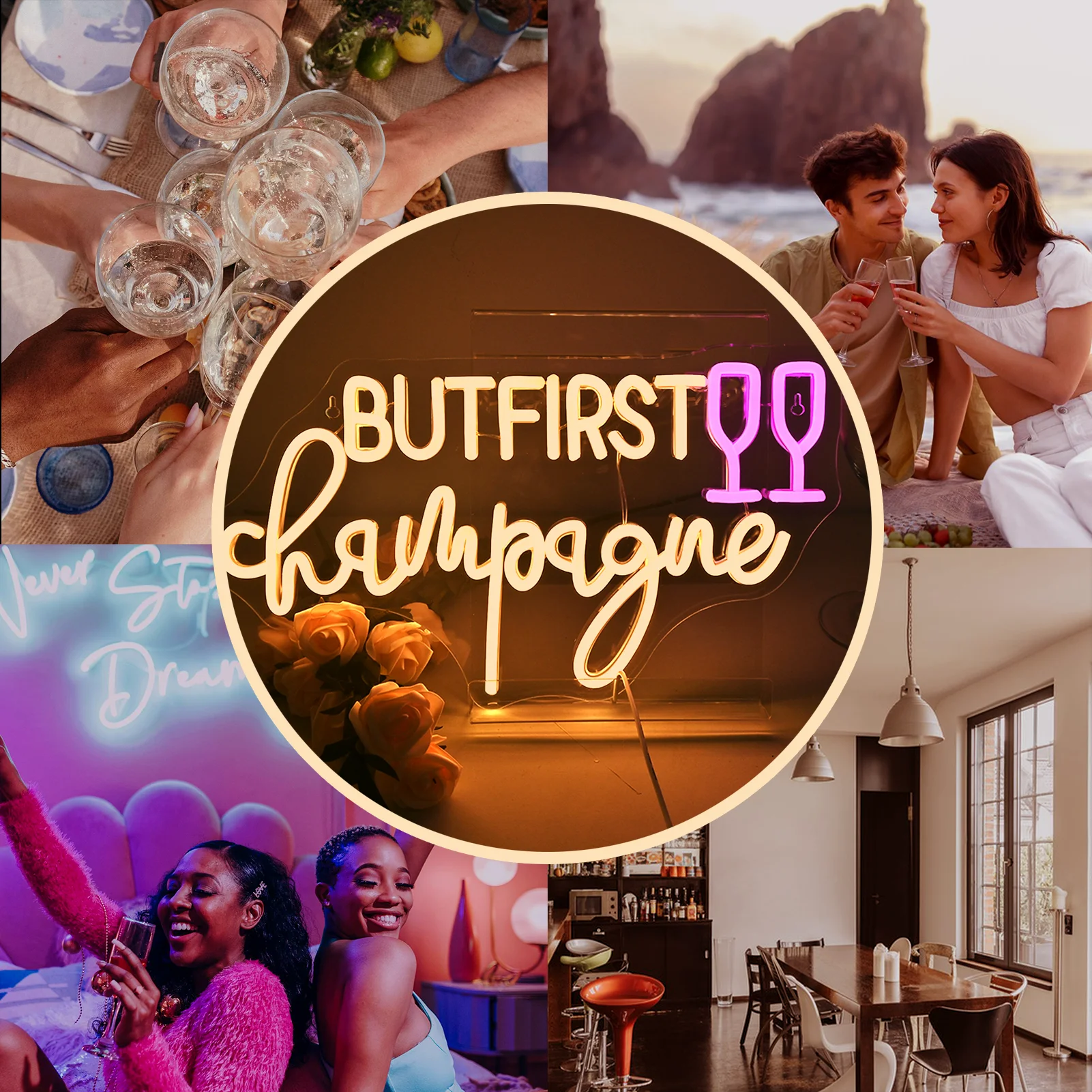 But First Champagne Neon Sign Wall Decor for Home Bar Kitchen Man Cave Pub Weddings Birthdays Graduations Decor Light Dimmable