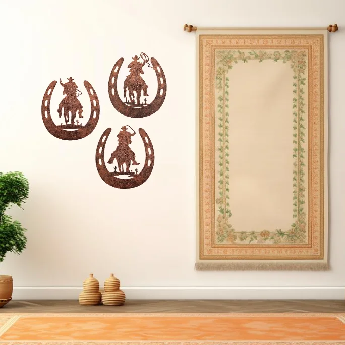 

Horseshoe Metal Wall Decoration With Cowboy, Western Rustic Style Horseshoe Decor Hanging for Bedroom Living Room Bathroom Gift