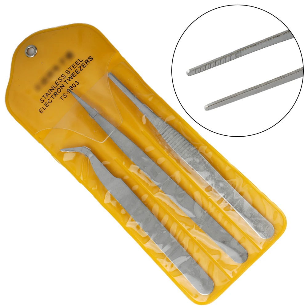 Clips Tweezers Hospital Manufacture Repair Store Home Stainless Steel 3 Pcs Anti Slip Silver Plumber Technician