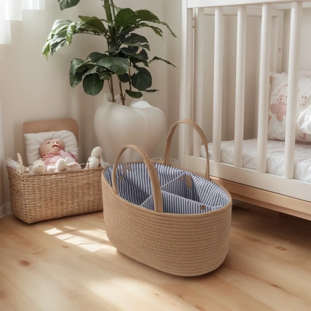 Durable Large Capacity Baby Nappy Organiser Cotton Rope Portable Storage Basket Woven Detachable Diaper Storage Bag for Newborn