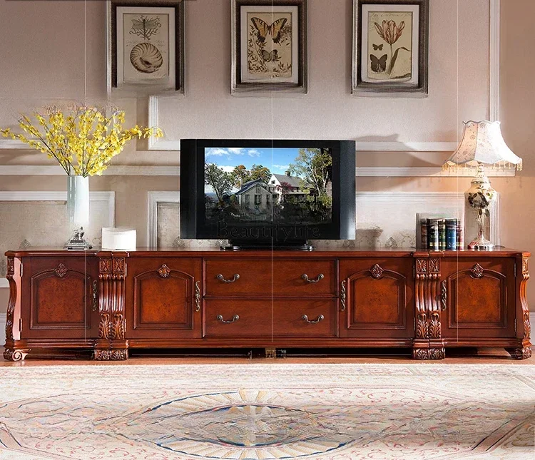 

American solid wood TV cabinet living room 3 meters carved storage cabinetLX