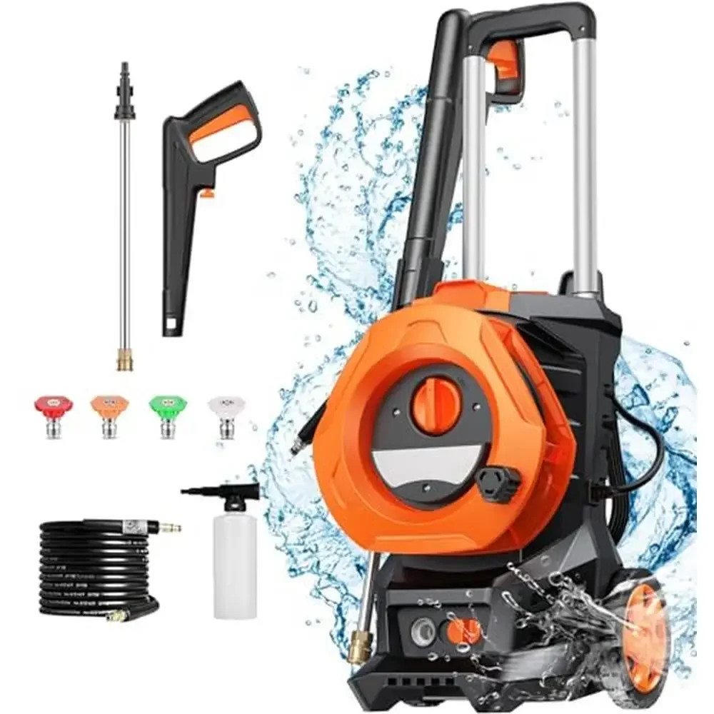 

High Power Electric Pressure Washer 4500 PSI 2.8GPM Portable Cleaner Machine with 4 Nozzles 1800W Car Foam Cannon Reel Storage