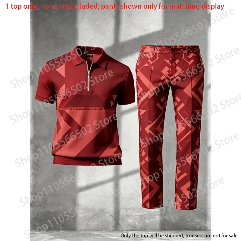 1 top (without pants)-Men's half zip polo shirt,3D gray geometric triangle print,summer breathable casual men short sleeve tops