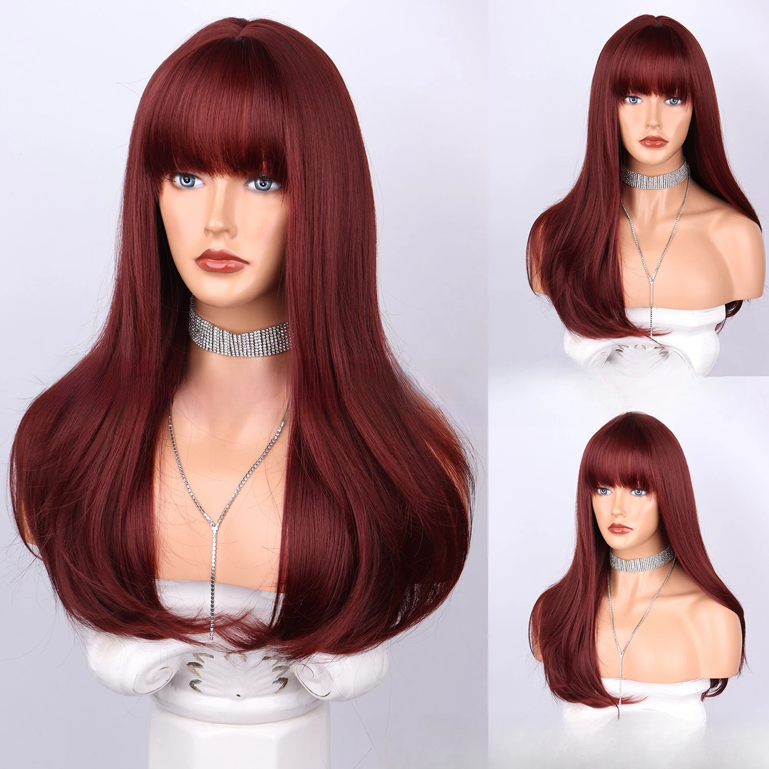 

European and American temperament brown red high temperature silk heat-resistant women Qi bangs slightly curled long hair