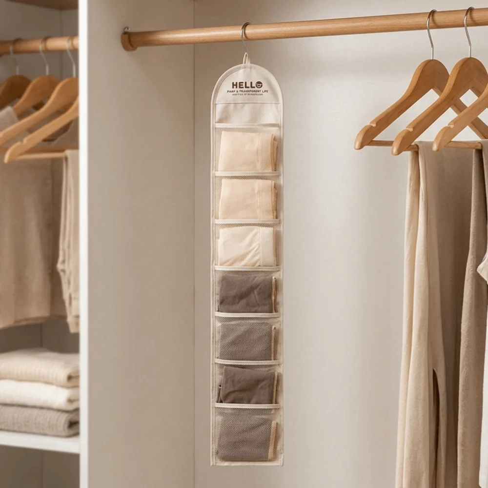Home Organizer Behind Door Hanging Bag 7 Grid Multi-Pocket Underwear Storage Bag Wall-mounted Mesh Socks Storage Bag Closet