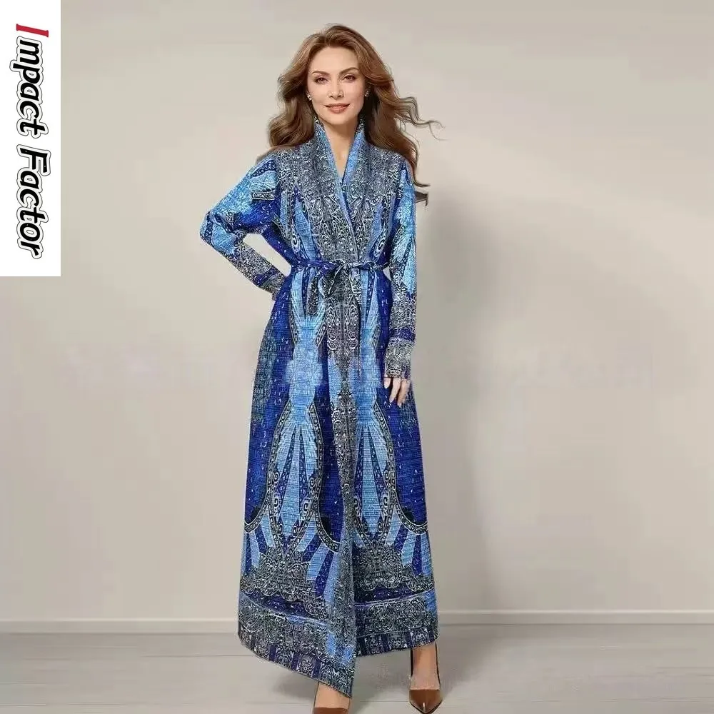 

Miyake Pleats New Fashion Printed Long Sleeve Cardigan Muslim Robe Trench Coat Jacket Women's Clothing