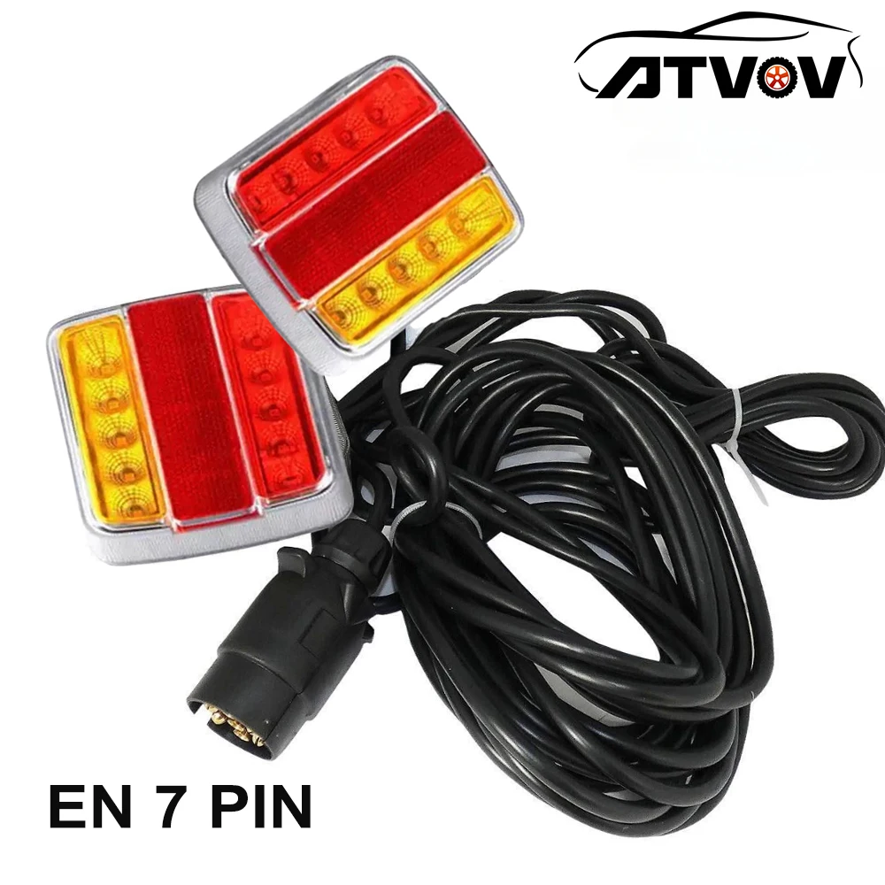 ATVOV 2 Piece 12V Rear Towing Trailer Tail Light 14 LED 10m Cable 7 Pin Universal Brake Stop License Number Plate Lamp Reflector