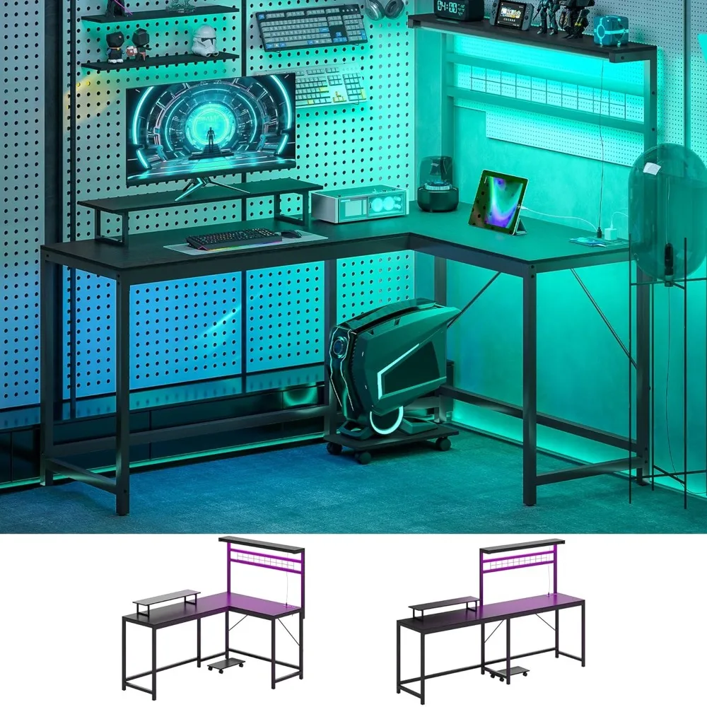 

Игровой стол, L-образный стол 62 дюйма с розетками и LED-подсветкой, компьютерный стол на 2 человека 86 дюймов с полкой и колесиками, на заказ