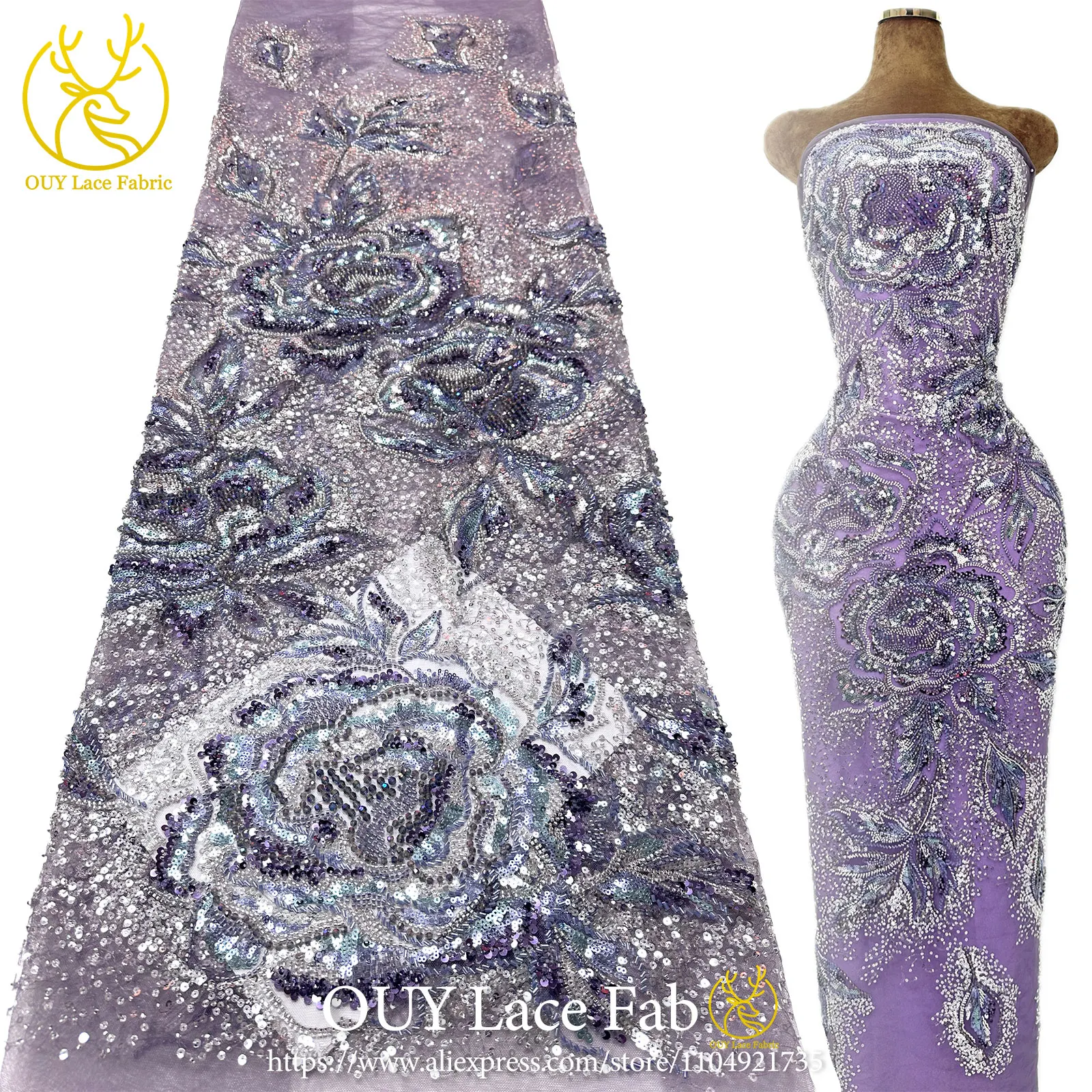 

2026 Luxury African Handmade Beaded Lace Fabric Nigeria Groom Embroidery sequin Lace Fabric Wedding Dress Sewing Material