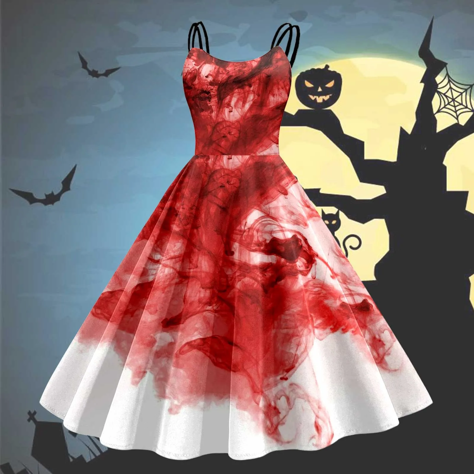 Women Fashion Halloween Gothic 3D Skull Print Sexy Dress Casual Streetwear Sleevesless Holidays Party Rockabilly Midi Dress