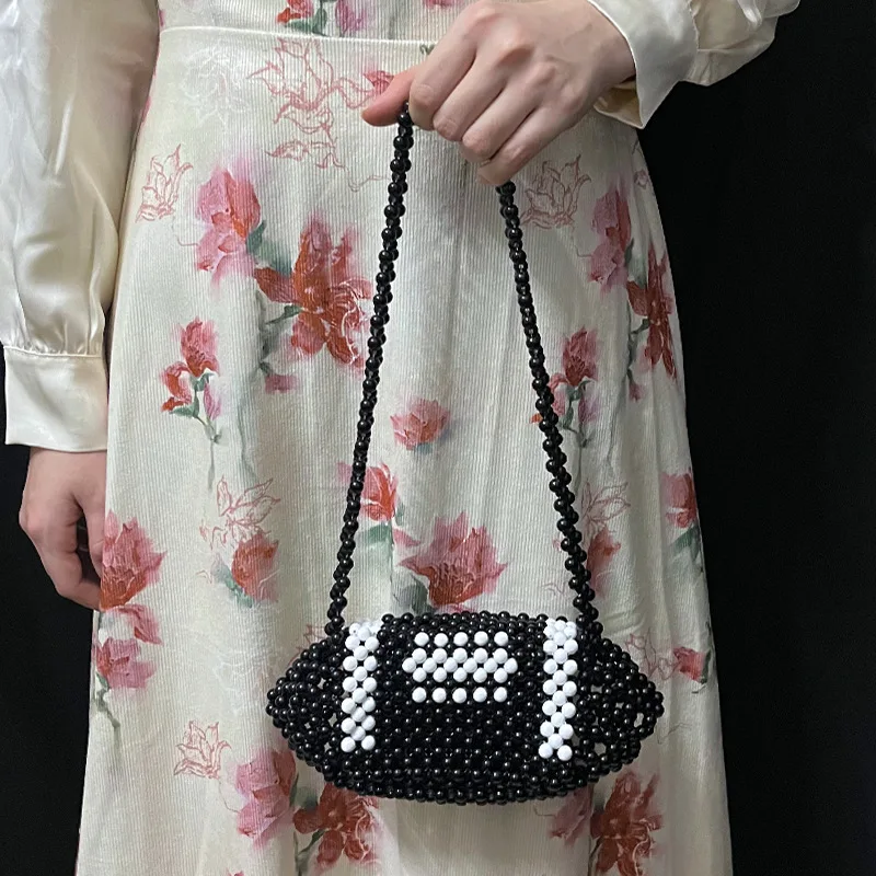 Handmade Beaded Acrylic Pillow Bag Fashionable Hollow Out Rugby Shaped Shoulder Bag Color Blocking Woven Design Handbag