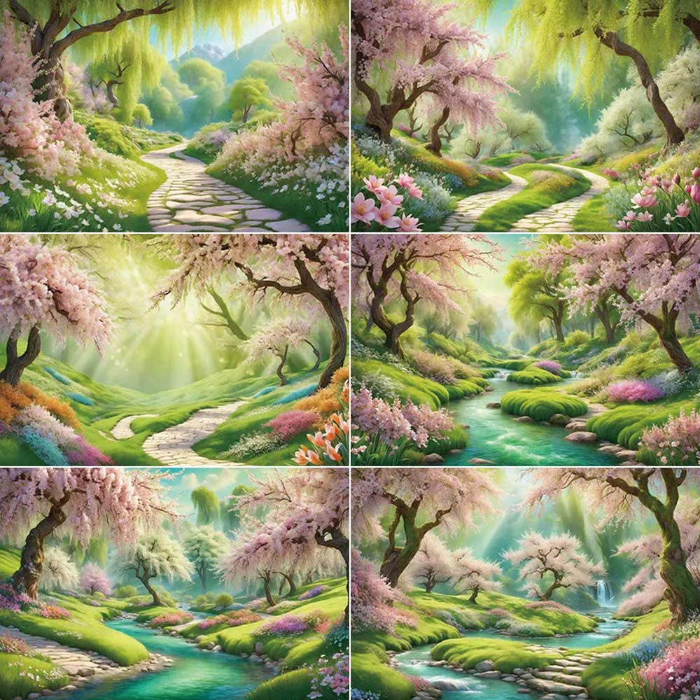 

MOON.QG Pink Green Party Photography Backdrop Creek Willow Cherry Blossom Photozone Background Children Studio Photobooth Props