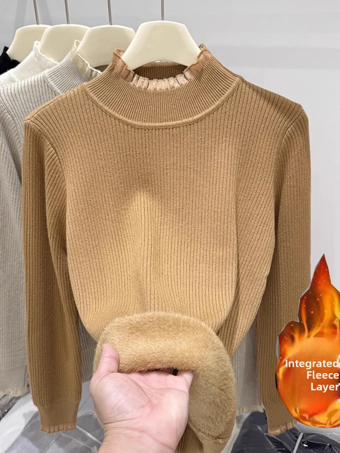 

Fce Lined Lace Splice Thiened Knitted Sweater Women's Autumn Winter f High Collar Warm Inner irt Base Layer Top