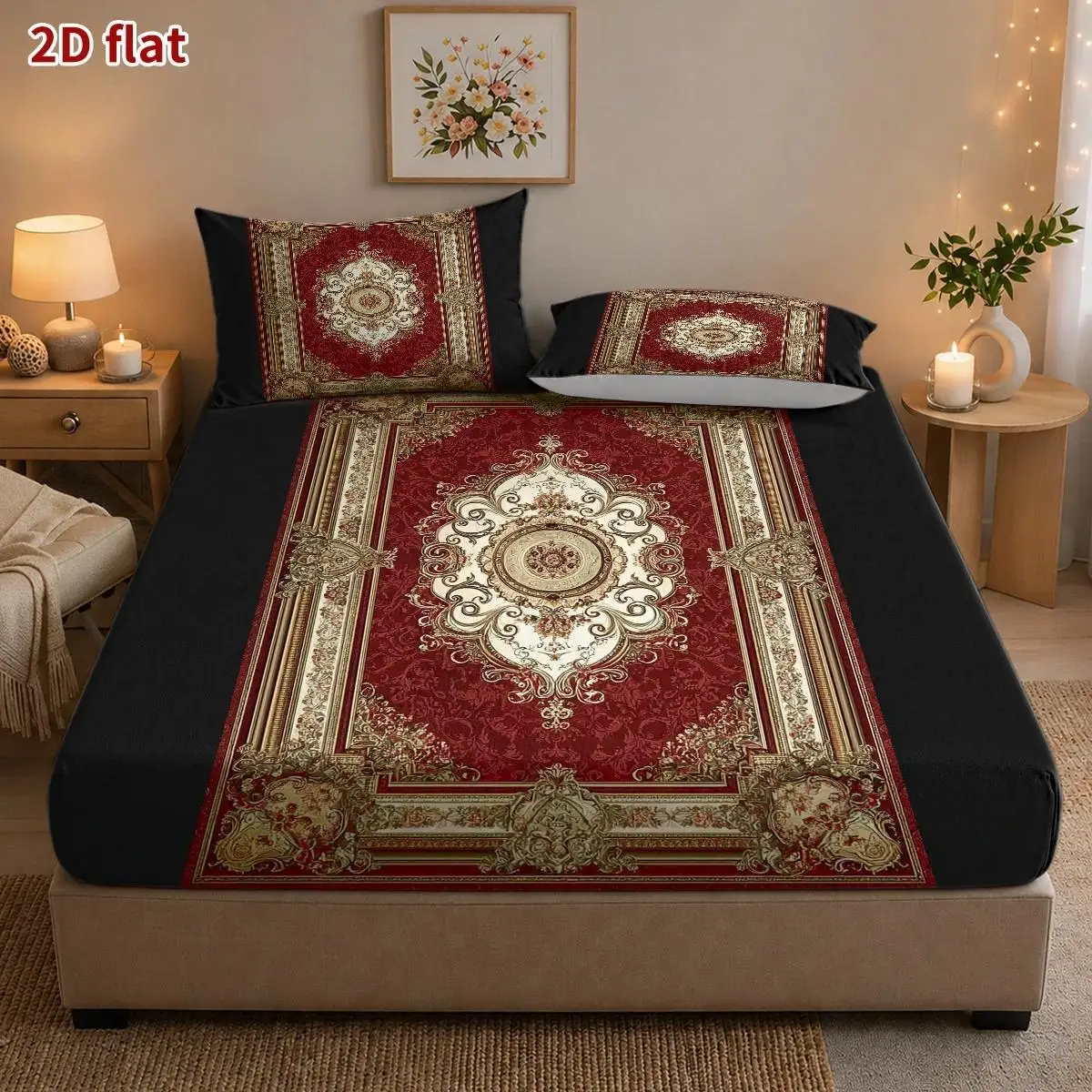 2D Digital Printed Three-Piece Bedding Set (Includes 1 Fitted Sheet + 2 Pillowcases) Mattress Protector, Fitted Elastic Style, European Palace Style, Protective Cover, 2D Flat Priting, Mattress Protector, Angel Feast Theme, Vintage Oil Painting Style, Christmas Limited Edition, Suitable for All Seasons, Machine Washable Design, Holiday Decoration, Various Sizes, Breathable Protective Cover Plus Pillowcase