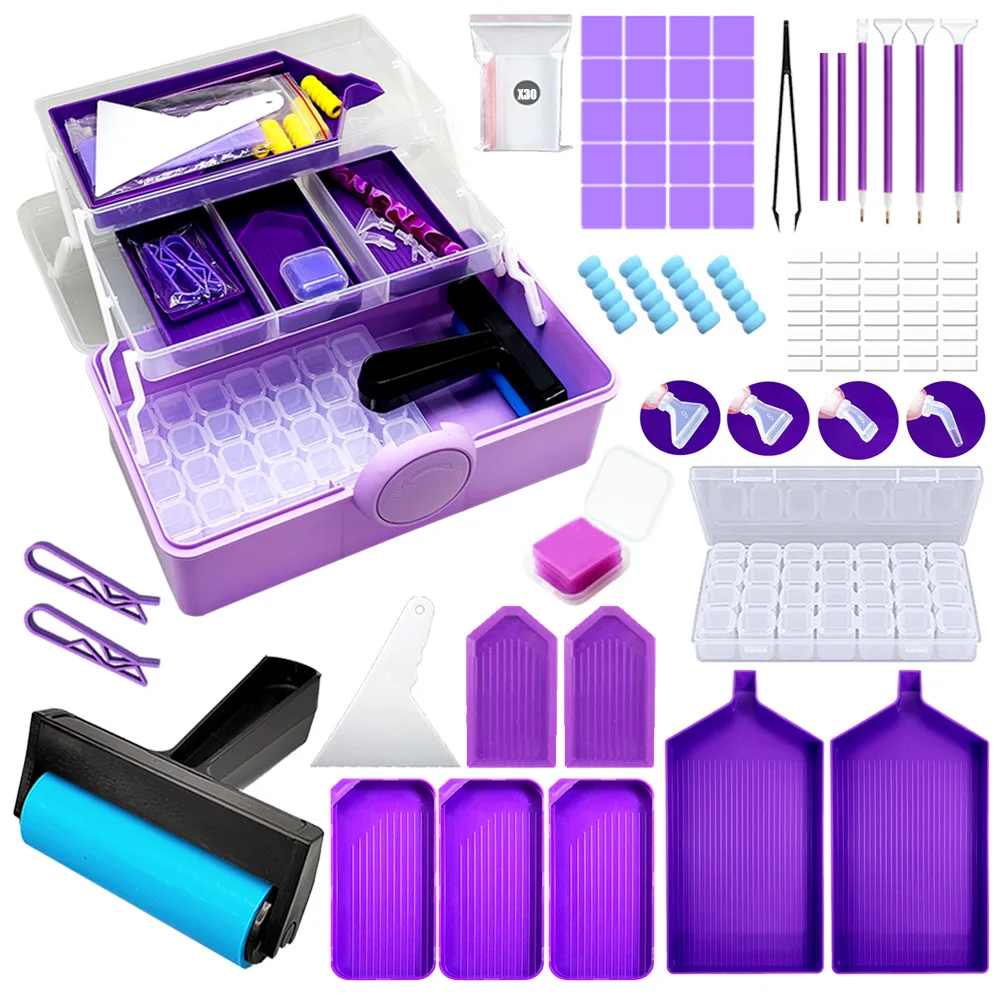 HOMFUN Diamond Painting Tools Set, With Storage Box, DIY Art Accessories Kits, Pen Tray Mat Funnel Beads Storage Containers Gift